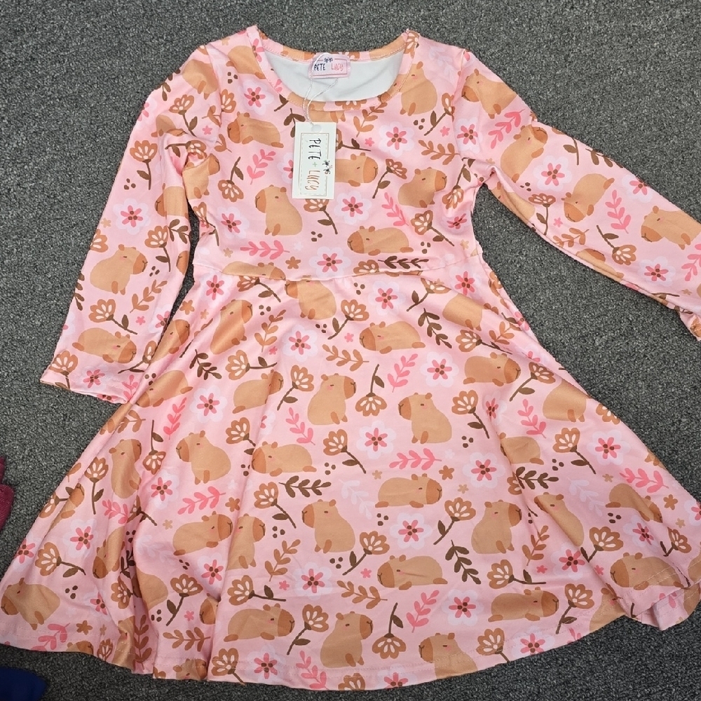 Pink Bear Print Kids Casual Dress